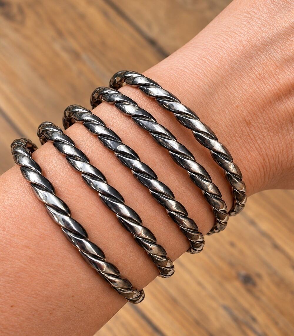 Vintage Native Style 5 Row Twisted Rope Cuff Bracelet Silver Tone Southwest